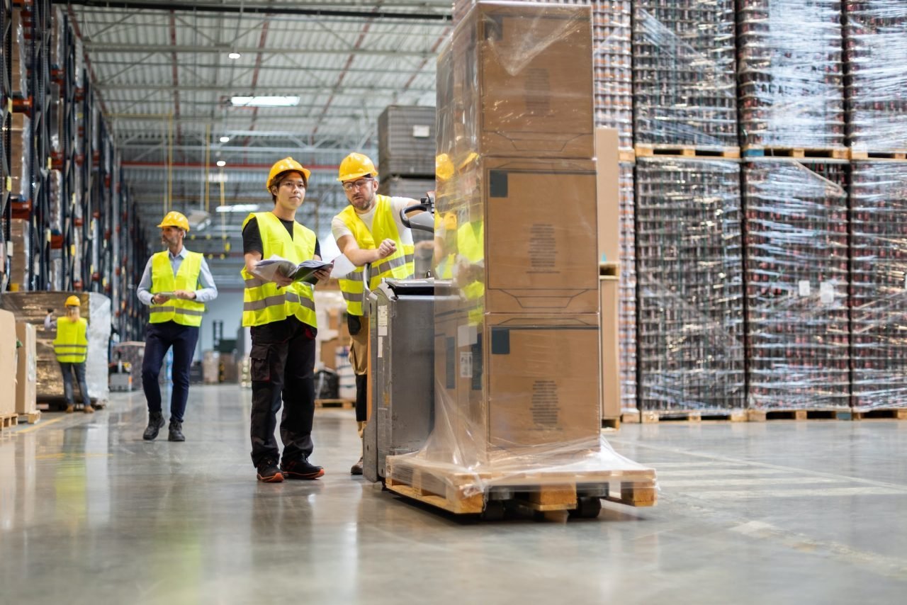 Employees consulting while working in the warehouse